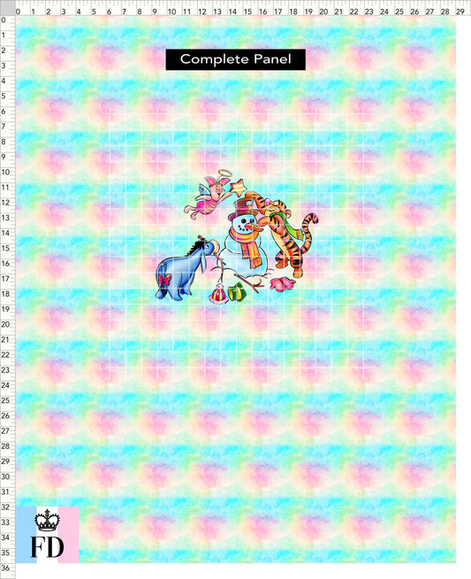 PREORDER - Winter Pooh Friends - Panel - Snowman Building - Rainbow Pastel - ADULT